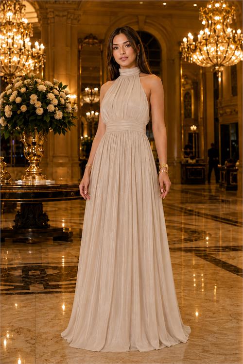 Neşeli butik kadın taş rengihalter yaka janjan kumaş premium abiye elbise NBMY4128 