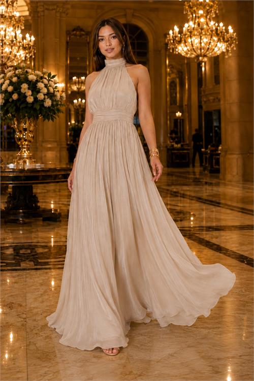 Neşeli butik kadın taş rengihalter yaka janjan kumaş premium abiye elbise NBMY4128 