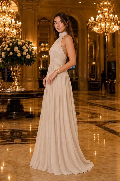 Neşeli butik kadın taş rengihalter yaka janjan kumaş premium abiye elbise NBMY4128 