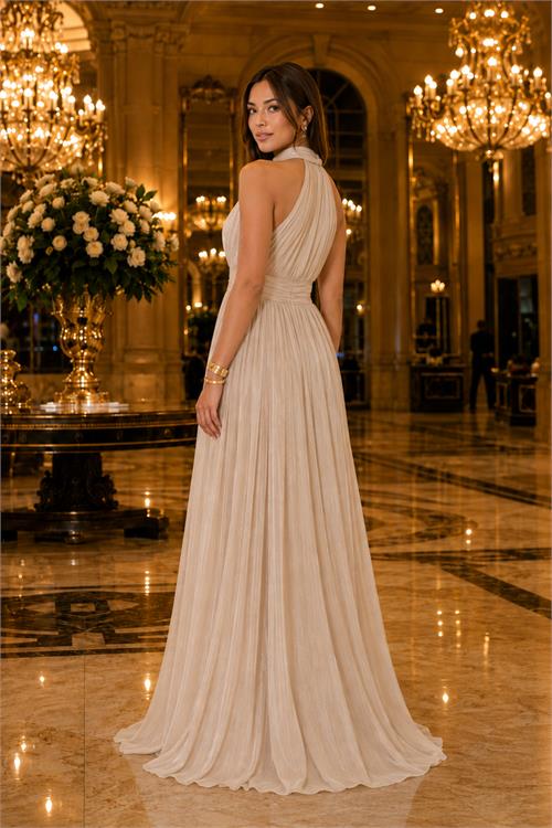 Neşeli butik kadın taş rengihalter yaka janjan kumaş premium abiye elbise NBMY4128 