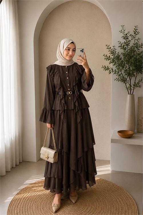 Neşeli butik kadın kahverengi fırfır detaylı üst kat kat volanlı etek ikili tesettür takım ---NBVQ3159 