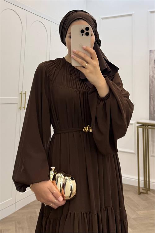 Neşeli butik kadın kahverengi balon kol astarlı kuşak detaylı şifon tesettür elbise ---- NMS095 