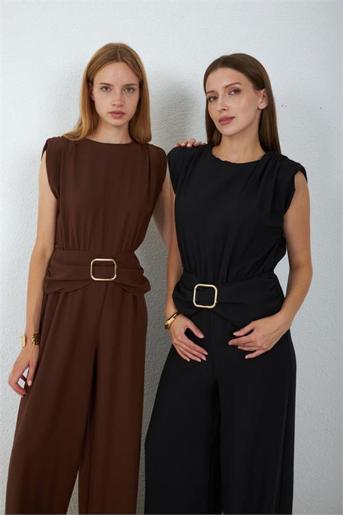 Neşeli butik kadın kahverengi bel drapeli kemer detaylı sıfır kol tam boy tulum NBMY4043 