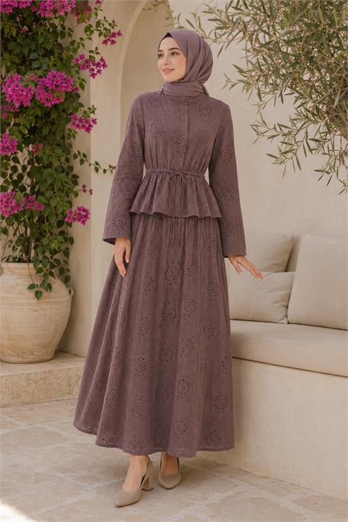 Neşeli butik kadın kahverengi brodeli bel lastikli etek bluz tesettür takım NBELB013 