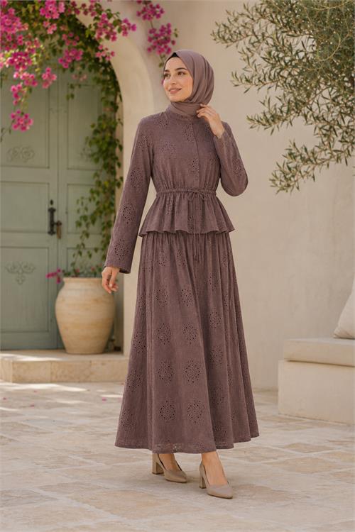 Neşeli butik kadın kahverengi brodeli bel lastikli etek bluz tesettür takım NBELB013 