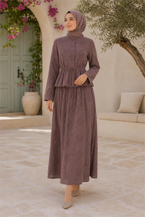 Neşeli butik kadın kahverengi brodeli bel lastikli etek bluz tesettür takım NBELB013 