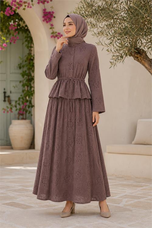 Neşeli butik kadın kahverengi brodeli bel lastikli etek bluz tesettür takım NBELB013 