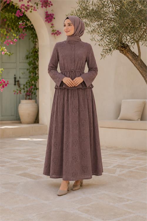 Neşeli butik kadın kahverengi brodeli bel lastikli etek bluz tesettür takım NBELB013 