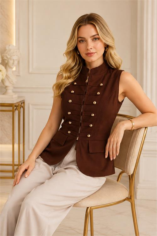Neşeli butik kadın kahverengi dik yaka düğmeli ZR model premium gabardin yelek NBYLK001 