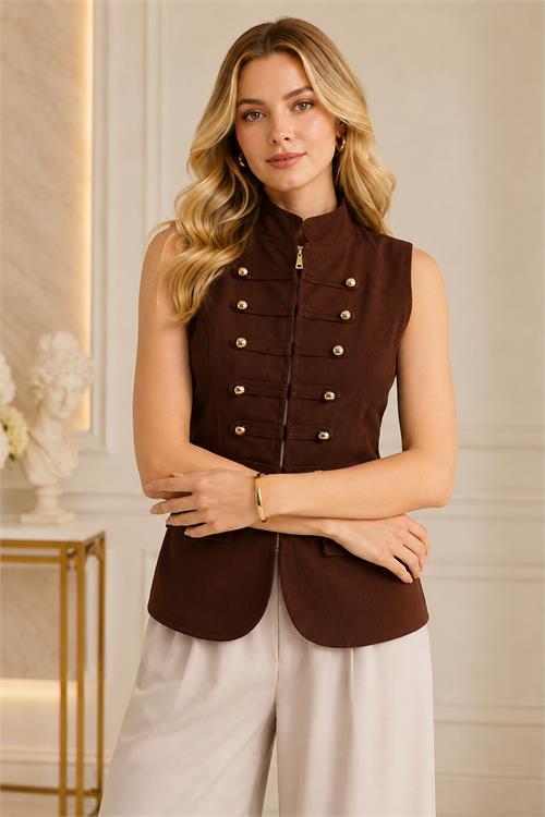 Neşeli butik kadın kahverengi dik yaka düğmeli ZR model premium gabardin yelek NBYLK001 