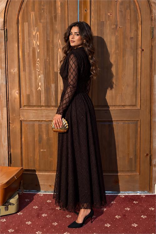 Neşeli butik kadın kahverengi dik yaka vatkalı ışıltılı tam boy elbise NBMY4184 