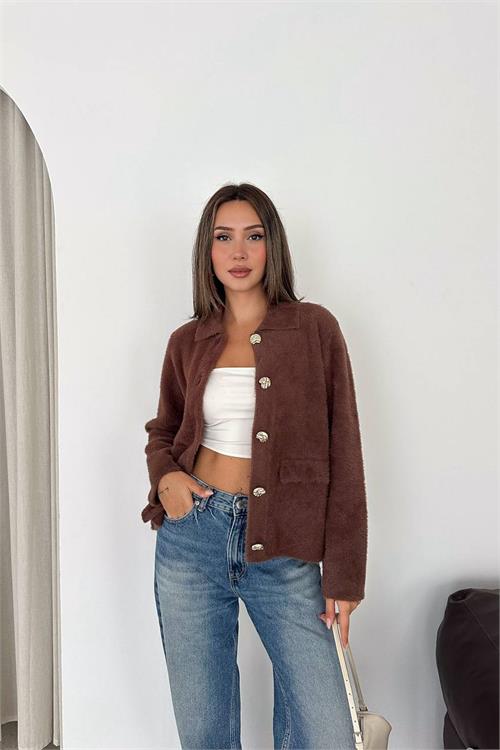 Neşeli butik kadın kahverengi gold düğmeli peluş dokulu kısa ceket NBK9500 