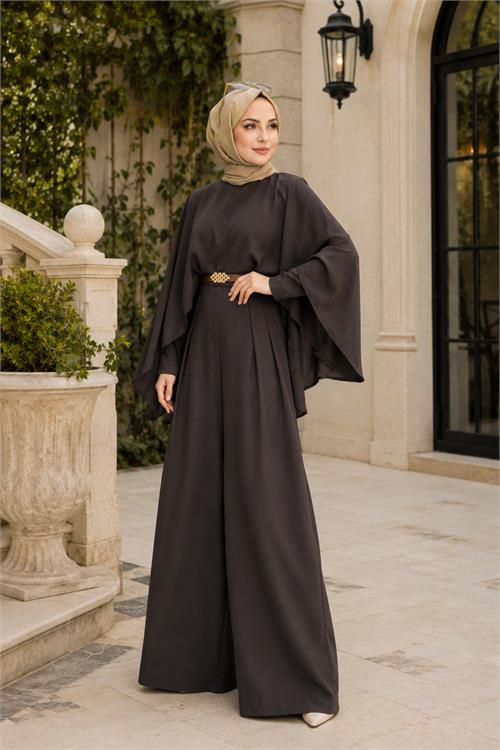 Neşeli butik kadın kahverengi gold kemer detaylı çıkarılabilir pelerinli krep kumaş tesettür tulum NBTLM001 