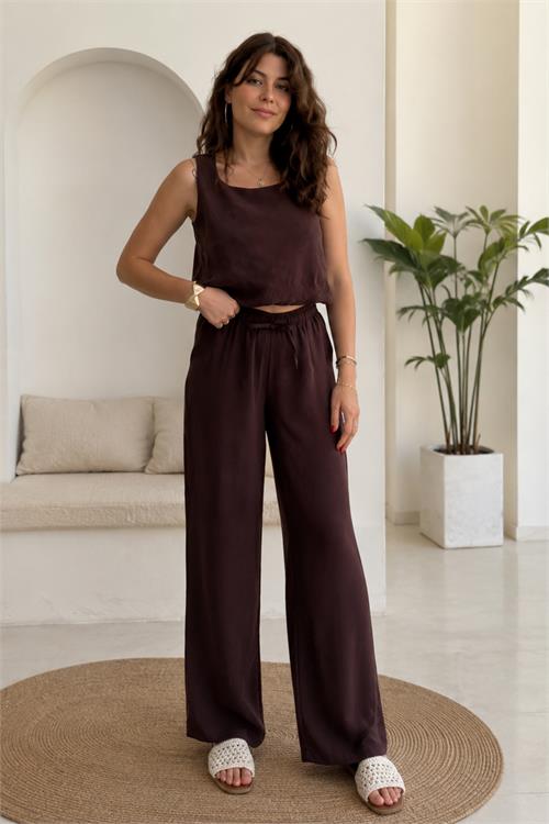 Neşeli butik kadın kahverengi kalın askılı crop bağcıklı pantolon ikili yazlık takım NBNP033 