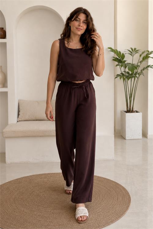 Neşeli butik kadın kahverengi kalın askılı crop bağcıklı pantolon ikili yazlık takım NBNP033 