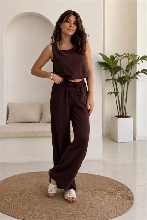 Neşeli butik kadın kahverengi kalın askılı crop bağcıklı pantolon ikili yazlık takım NBNP033 