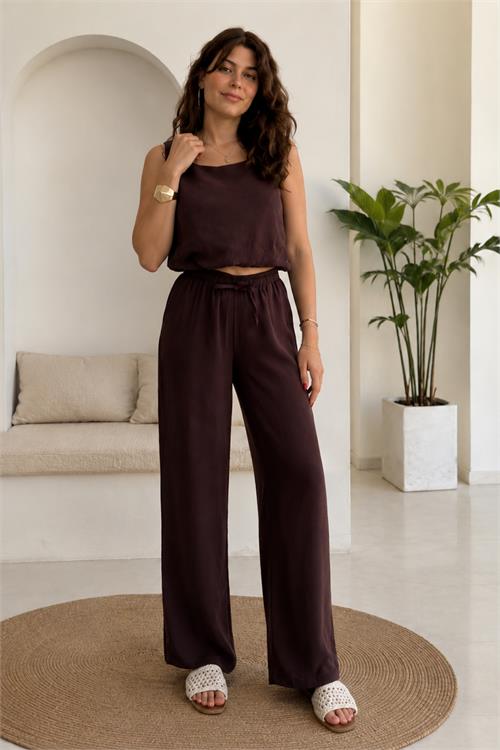Neşeli butik kadın kahverengi kalın askılı crop bağcıklı pantolon ikili yazlık takım NBNP033 