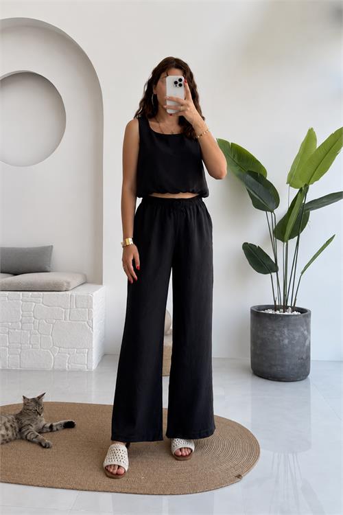 Neşeli butik kadın kahverengi kalın askılı crop bağcıklı pantolon ikili yazlık takım NBNP033 