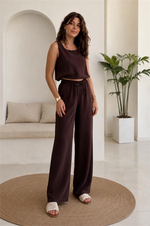 Neşeli butik kadın kahverengi kalın askılı crop bağcıklı pantolon ikili yazlık takım NBNP033 