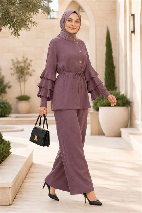 Neşeli butik kadın kahverengi kol fırıfırlı düğme detaylı ikili tesettür takım NBTKM02 