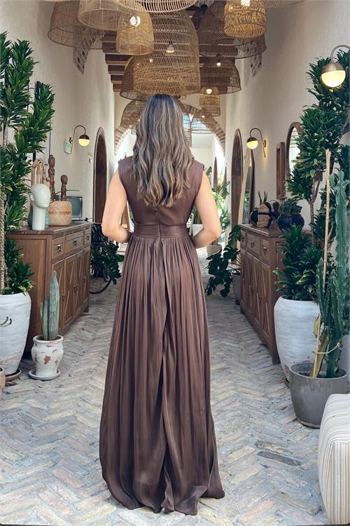 Neşeli butik kadın kahverengi kruvaze yaka maxi boy premium elbise RYMY4057 