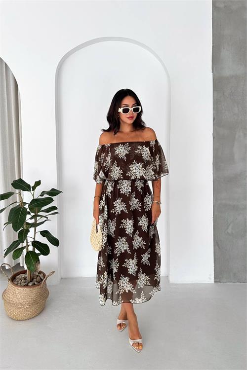 Neşeli butik kadın kahverengi madonna yaka şifon desenli midi boy elbise NBK091 