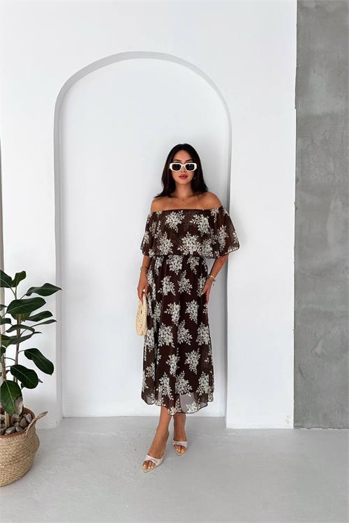 Neşeli butik kadın kahverengi madonna yaka şifon desenli midi boy elbise NBK091 