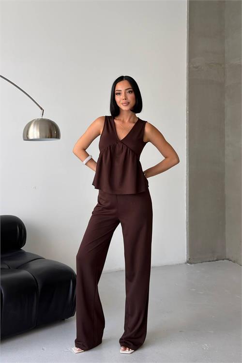 Neşeli butik kadın kahverengi modal kumaş volanlı atlet geniş paça pantolon yazlık ikili takım NBG132 