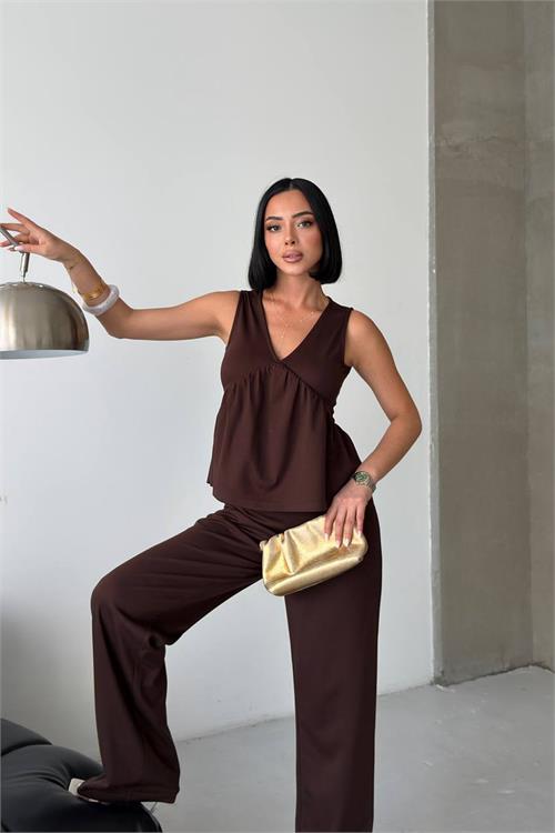 Neşeli butik kadın kahverengi modal kumaş volanlı atlet geniş paça pantolon yazlık ikili takım NBG132 