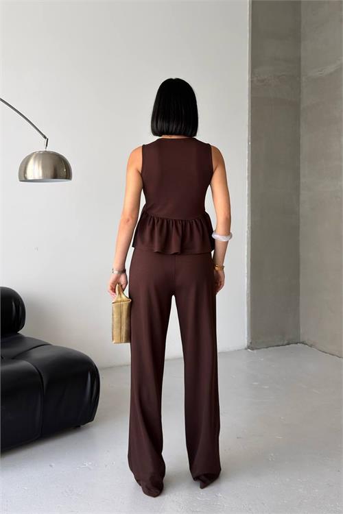 Neşeli butik kadın kahverengi modal kumaş volanlı atlet geniş paça pantolon yazlık ikili takım NBG132 