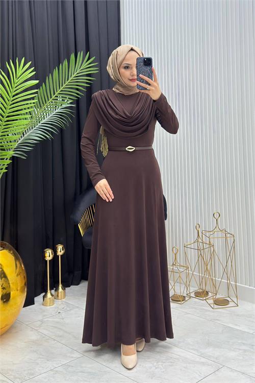 Neşeli butik kadın kahverengi sandy kumaş degaje yaka kemer detaylı tesettür elbise---- NMS096 