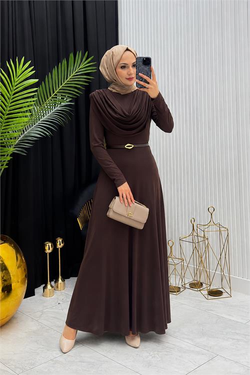 Neşeli butik kadın kahverengi sandy kumaş degaje yaka kemer detaylı tesettür elbise---- NMS096 