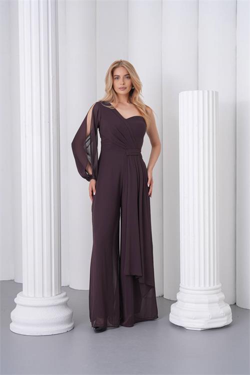 Neşeli butik kadın kahverengi tek kol astarlı tül kumaş tasarım abiye tulum NBS9389 