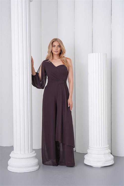 Neşeli butik kadın kahverengi tek kol astarlı tül kumaş tasarım abiye tulum NBS9389 