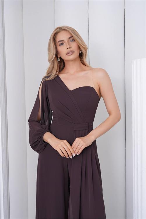 Neşeli butik kadın kahverengi tek kol astarlı tül kumaş tasarım abiye tulum NBS9389 