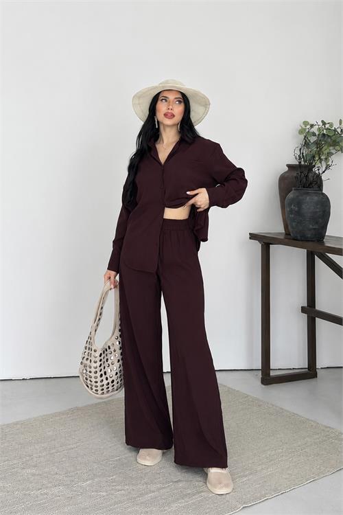 Neşeli butik kadın kahverengi tensel kumaş oversize gömlek pantolon ikili takım NBNP037 