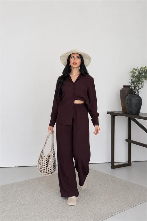 Neşeli butik kadın kahverengi tensel kumaş oversize gömlek pantolon ikili takım NBNP037 