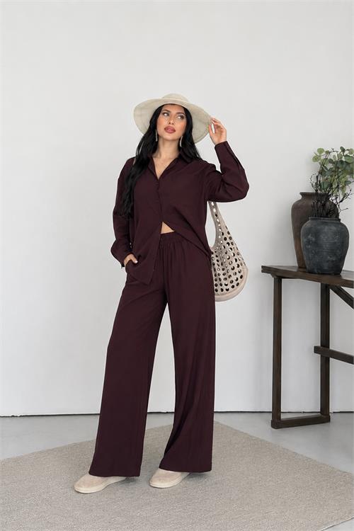 Neşeli butik kadın kahverengi tensel kumaş oversize gömlek pantolon ikili takım NBNP037 