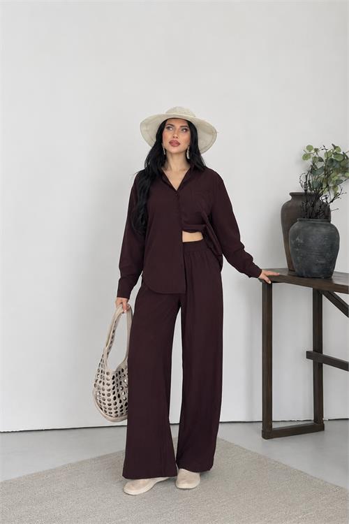 Neşeli butik kadın kahverengi tensel kumaş oversize gömlek pantolon ikili takım NBNP037 