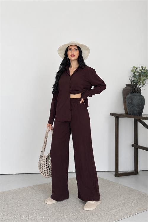 Neşeli butik kadın kahverengi tensel kumaş oversize gömlek pantolon ikili takım NBNP037 