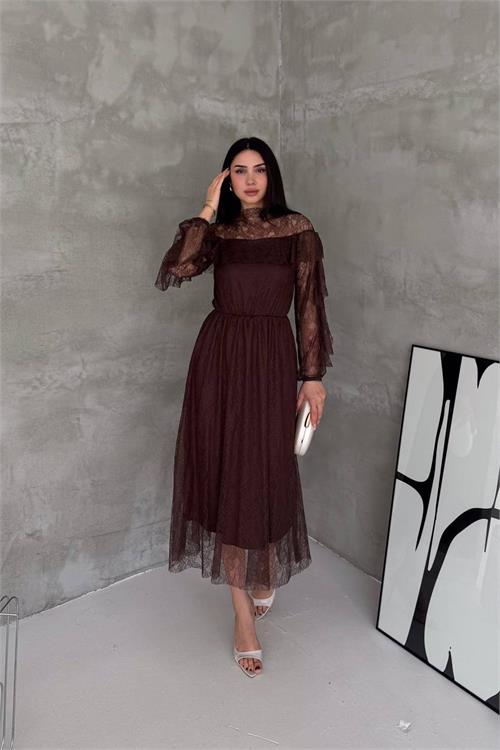 Neşeli butik kadın kahverengi transparan dantel detaylı tül midi elbise --- NBK4571 