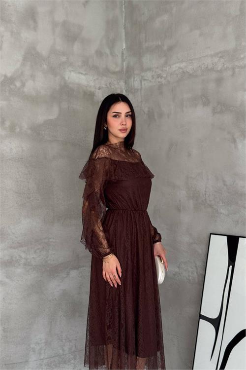 Neşeli butik kadın kahverengi transparan dantel detaylı tül midi elbise --- NBK4571 