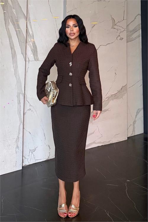 Neşeli butik kadın kahverengi tüvit kumaş peplum ceket kalem etek ikili takım NBSTR1012 