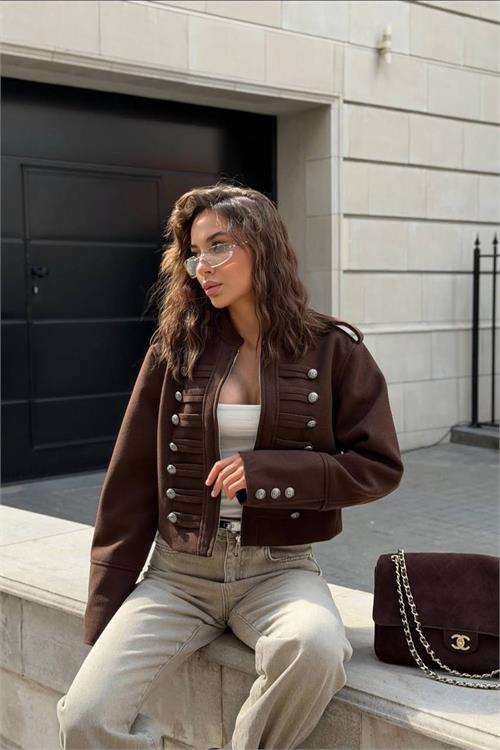 Neşeli butik kadın kahverengi ZR model silver düğmeli kaşe kumaş ceket NBEMP3125 