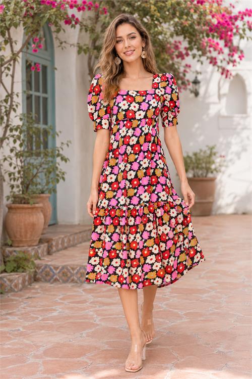 Neşeli butik kadın kırmızı midi boy çiçek desenli kare yaka yazlık viskon elbise NBELB12 