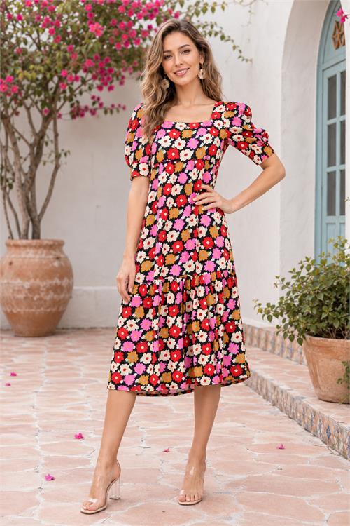 Neşeli butik kadın kırmızı midi boy çiçek desenli kare yaka yazlık viskon elbise NBELB12 