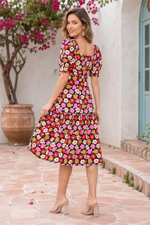 Neşeli butik kadın kırmızı midi boy çiçek desenli kare yaka yazlık viskon elbise NBELB12 
