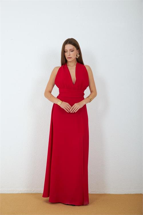 Neşeli butik kadın kırmızı yırtmaçlı halter yaka sırt dekolteli bağlama detaylı maxi elbise NBMY4133 