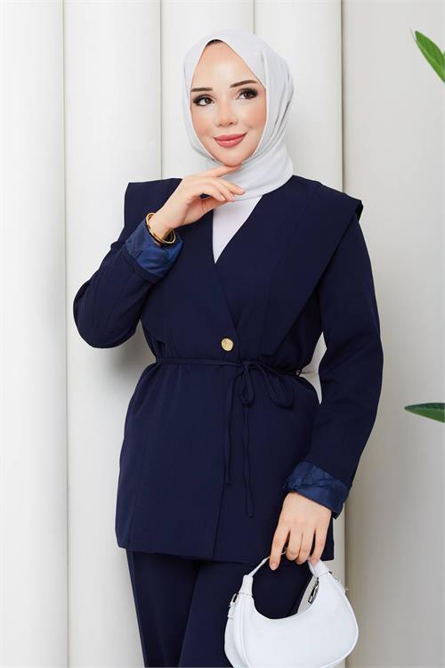 Neşeli butik kadın lacivert büyük beden vatkalı gold düğme detaylı blazer ceket takımı NBFT008 