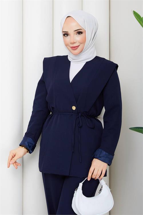 Neşeli butik kadın lacivert büyük beden vatkalı gold düğme detaylı blazer ceket takımı NBFT008 